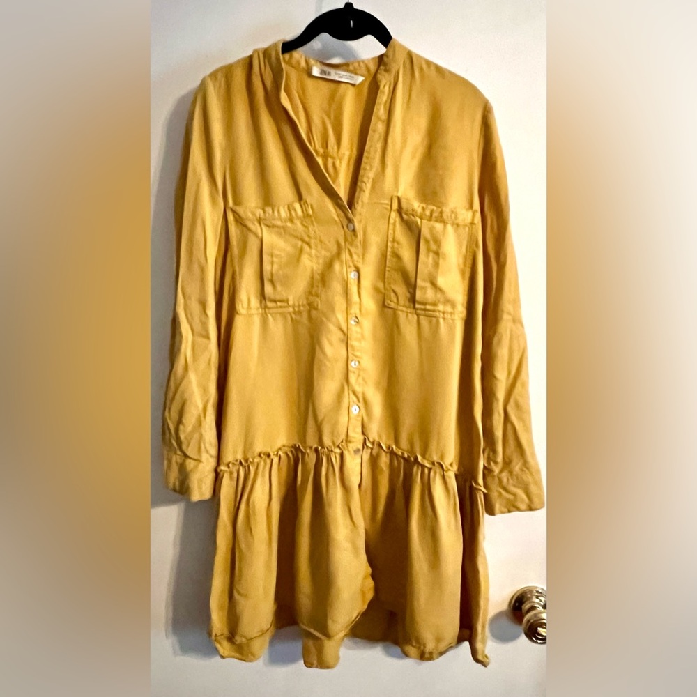 Zara Women’s Mustard‎ Yellow Tunic Button Down Shirt Boho-Chic Dress-XS